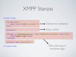 XMPP Stanzas
<stream:stream>
<iq type="get">
<query xmlns="jabber:iq:roster"/>
</iq>
<presence/>
<message to="bar@otherside.com" from="foo@oneside.com/adium" type="chat">
<body>Tomamos algo?</body>
</message>
<presence type="unavailable"/>
</stream:stream>
Dame mis contactos
Estoy online
Dile a bar que si
tomamos algo
 