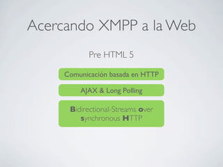 Acercando XMPP a la Web
Pre HTML 5
Comunicación basada en HTTP
Bidirectional-Streams over
synchronous HTTP
AJAX & Long Polling
 