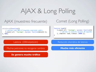 AJAX & Long Polling
setInterval(function(){
// pedimos cada 500 milisegundos esperando cambio
$.ajax({ url: '/my/page', success: function(data){} });
}, 500);
function load(){
$.ajax({ url: '/my/page', success: function(){
// abrimos la conexión durante 20 segundos
}, complete: load, timeout: 20000 });
}
AJAX (muestreo frecuente) Comet (Long Polling)
Latencia (200ms/petición)
Muchas peticiones no recogeran cambios
Se genera mucho tráﬁco
Reducción dramática de latencia
Mucho más eﬁciente
 