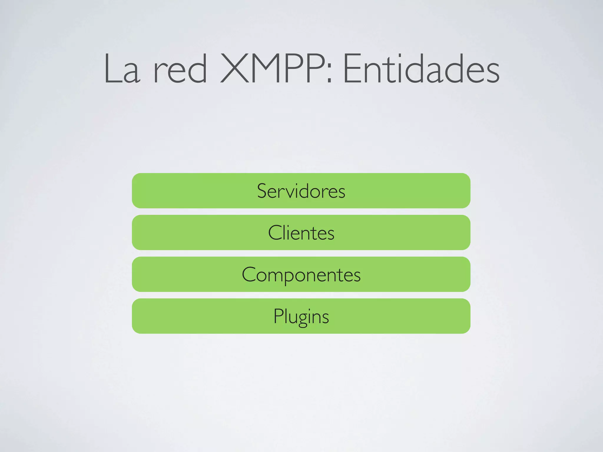 La red XMPP: Entidades

        Servidores
         Clientes
       Componentes
         Plugins
 