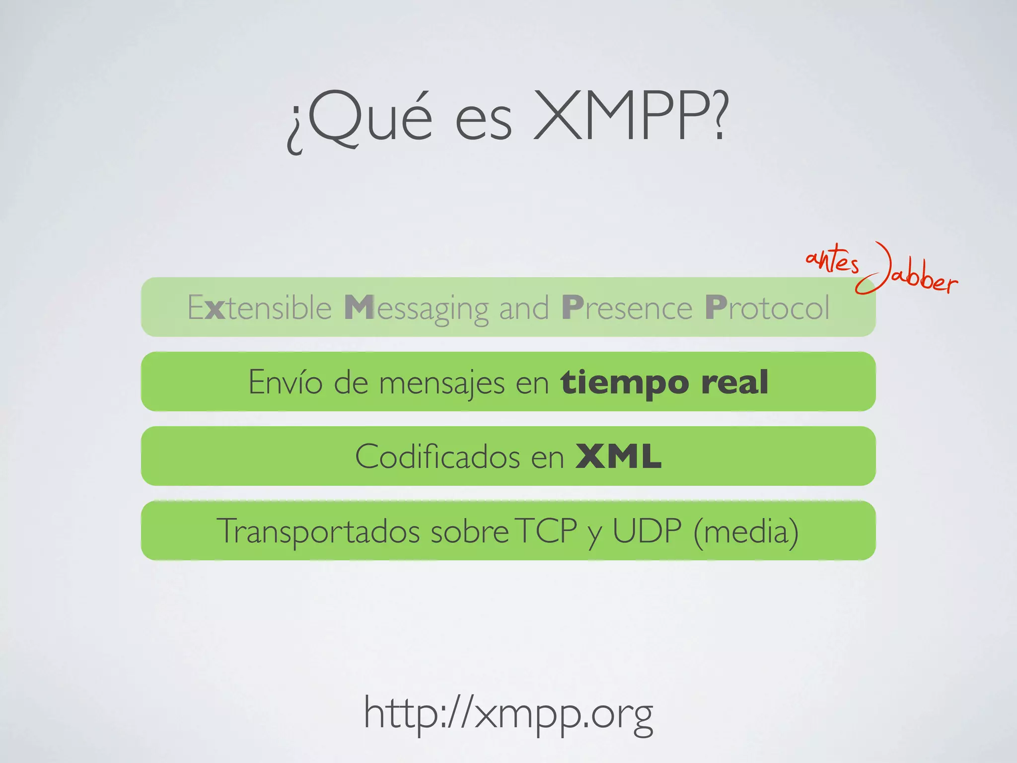 ¿Qué es XMPP?
                                         antesJabber
Extensible Messaging and Presence Protocol

   Envío de mensajes en tiempo real

          Codiﬁcados en XML

 Transportados sobre TCP y UDP (media)




           http://xmpp.org
 