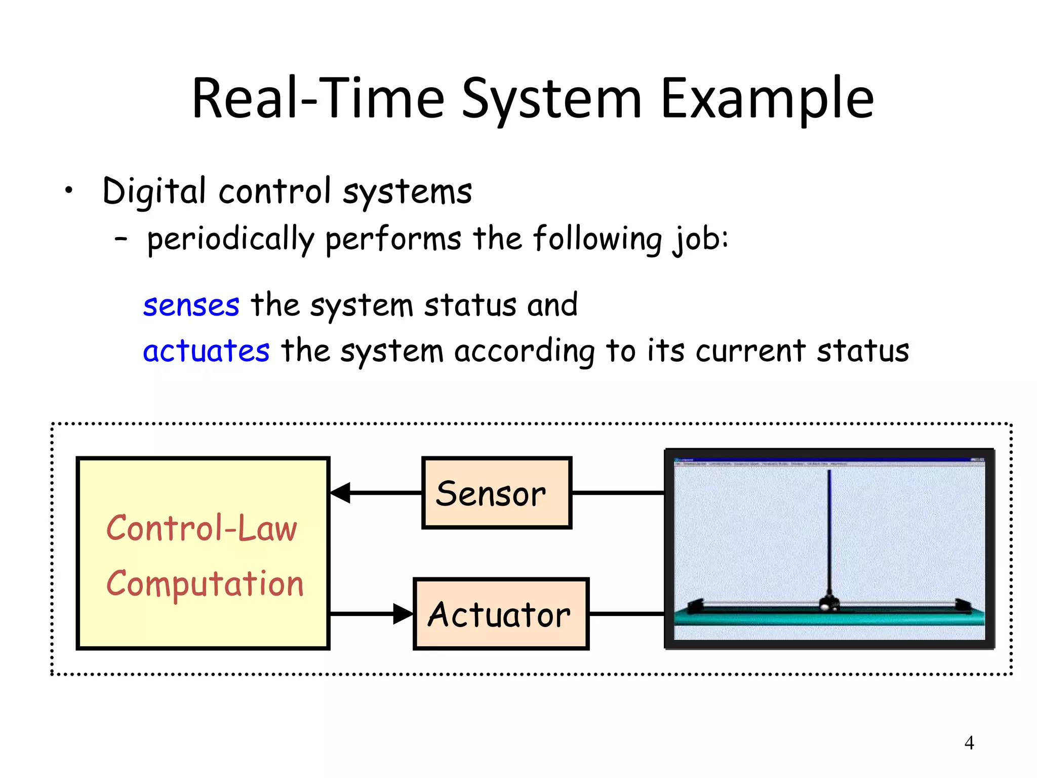4 
Real-Time System Example 
• Digital control systems 
– periodically performs the following job: 
senses the system status and 
actuates the system according to its current status 
Control-Law 
Computation 
Sensor 
Actuator 
 