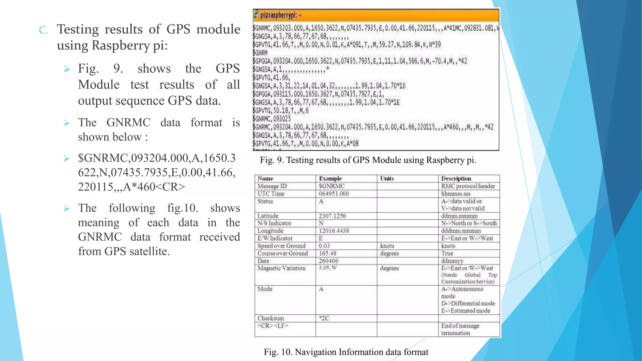 C. Testing results of GPS module using Raspberry pi:  Fig. 9. shows the GPS Module test results of all output sequence GPS data.  The GNRMC data format is shown below :  $GNRMC,093204.000,A,1650.3 622,N,07435.7935,E,0.00,41.66, 220115,,,A*460<CR>  The following fig.10. shows meaning of each data in the GNRMC data format received from GPS satellite. Fig. 9. Testing results of GPS Module using Raspberry pi. Fig. 10. Navigation Information data format 