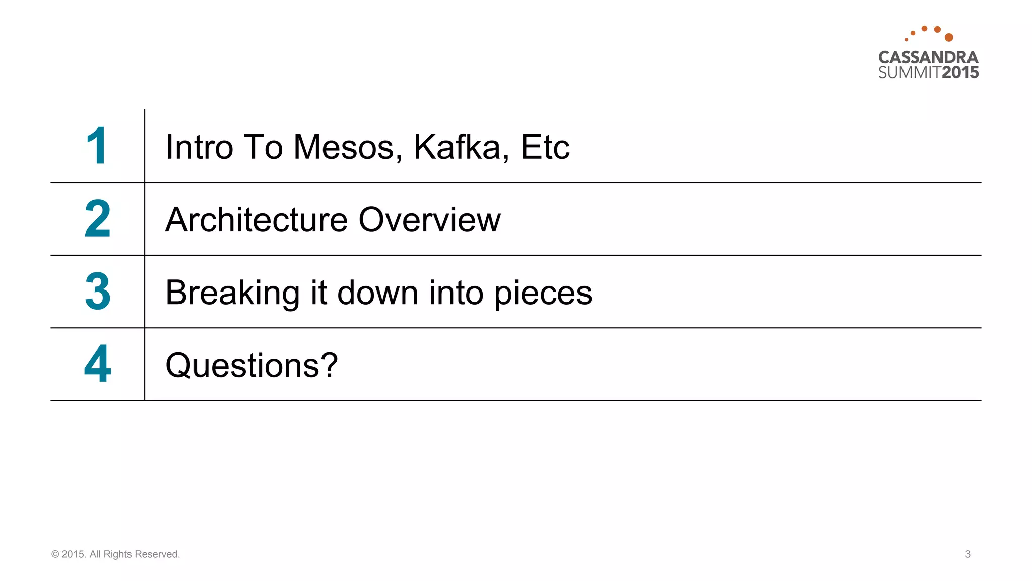 1 Intro To Mesos, Kafka, Etc 2 Architecture Overview 3 Breaking it down into pieces 4 Questions? 3© 2015. All Rights Reserved. 