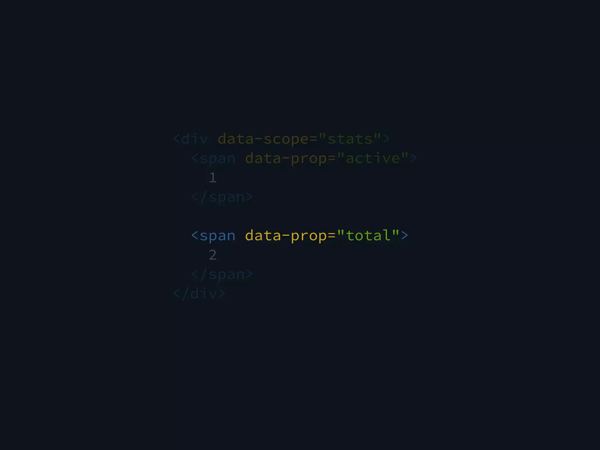 <div data-scope="stats">
<span data-prop="active">
1
</span>
<span data-prop="total">
2
</span>
</div>
 