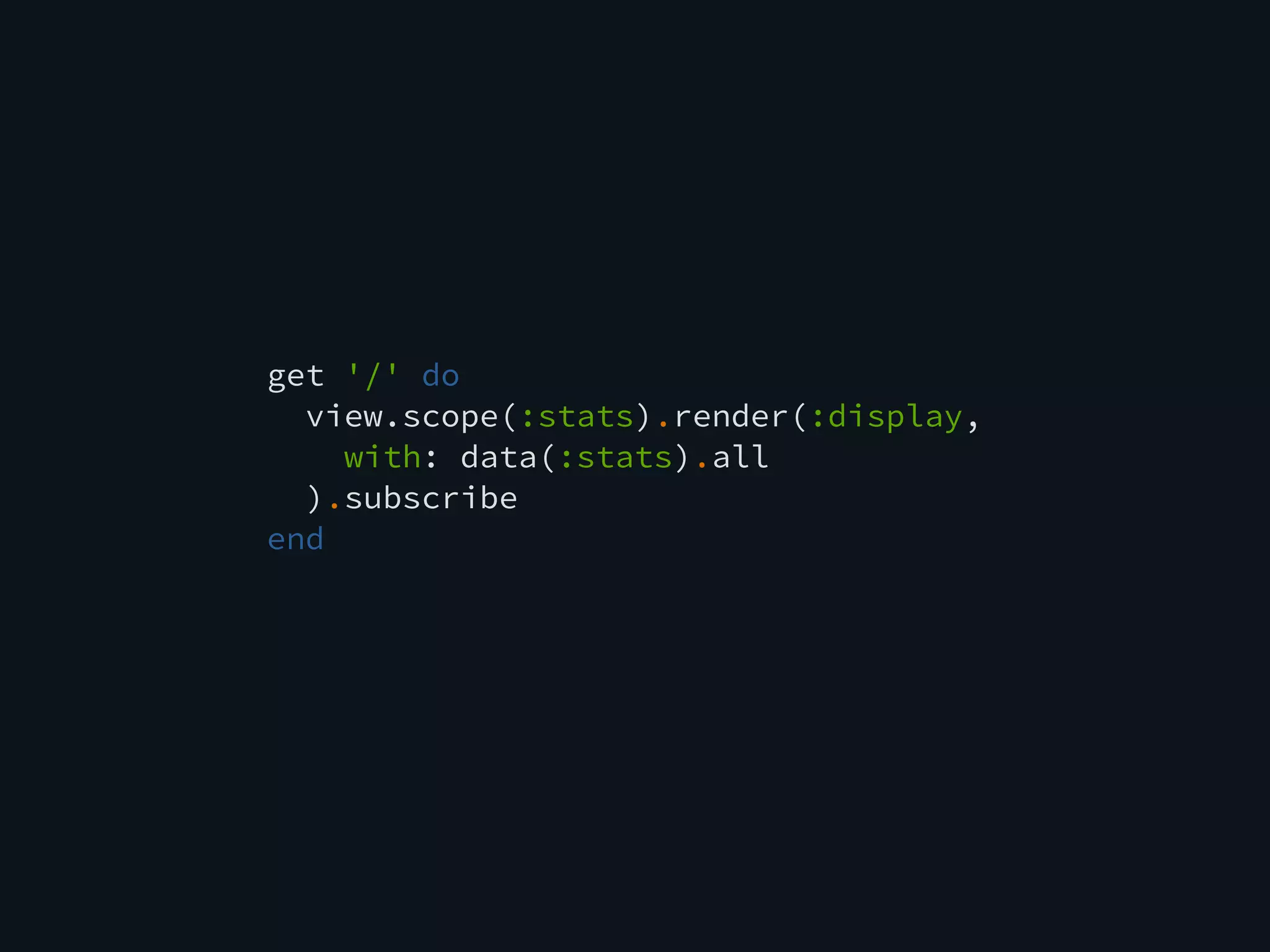 get '/' do
view.scope(:stats).render(:display,
with: data(:stats).all
).subscribe
end
 