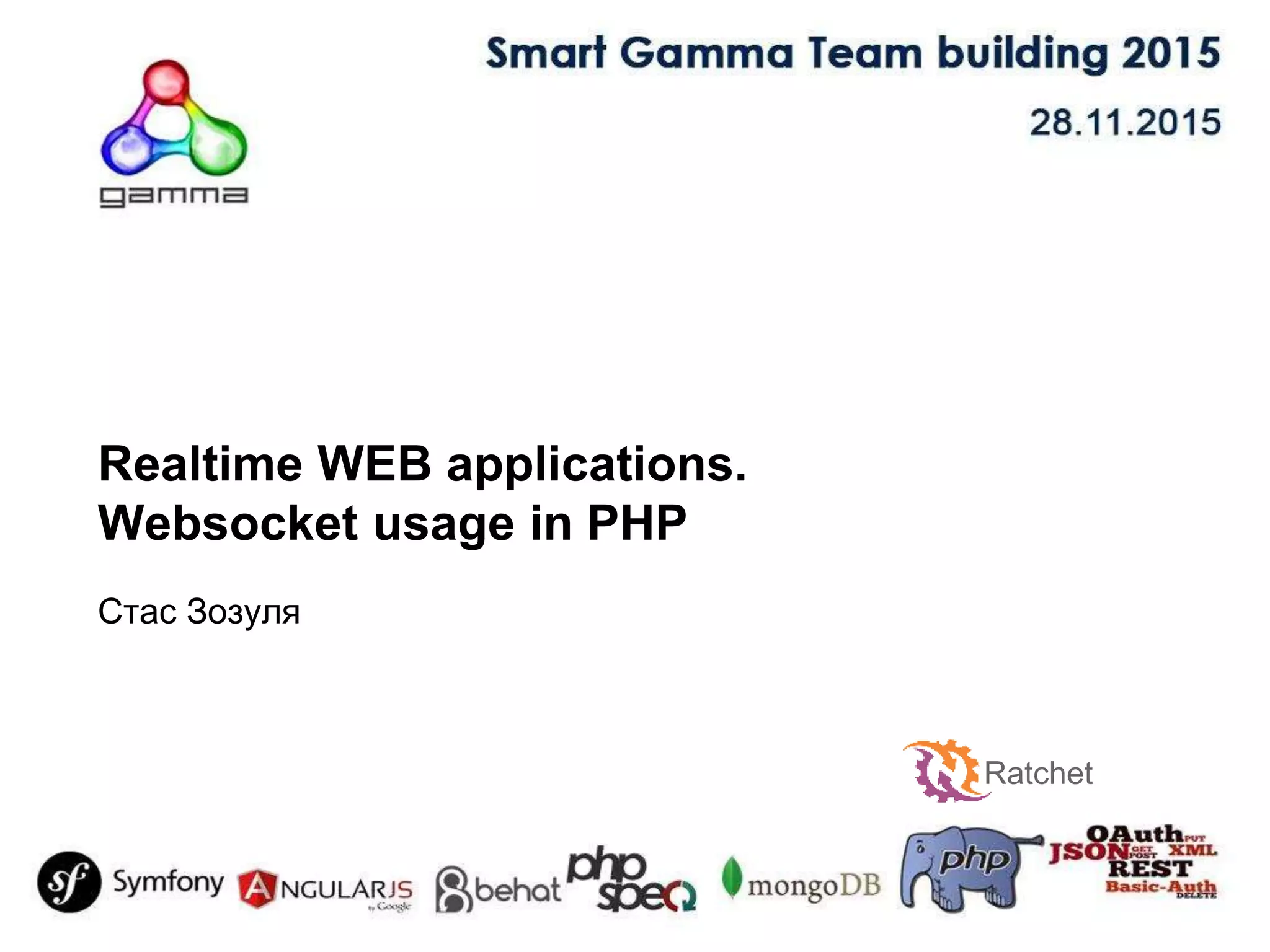 Realtime WEB applications.
Websocket usage in PHP
Стас Зозуля
Ratchet
 