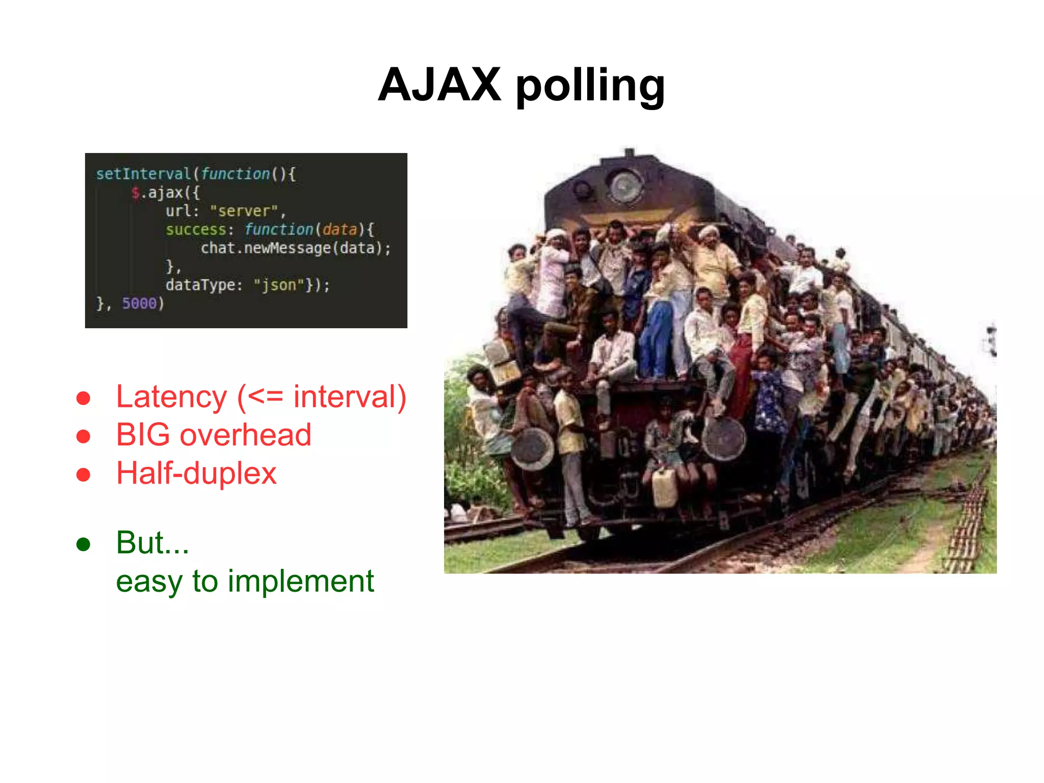 AJAX polling
● Latency (<= interval)
● BIG overhead
● Half-duplex
● But...
easy to implement
 