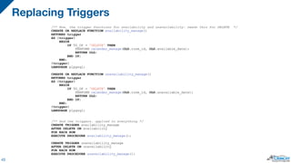 Replacing Triggers
43
/** Now, the trigger functions for availability and unavailability; needs this for DELETE */
CREATE ...
