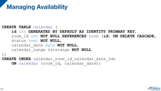 Managing Availability
68
CREATE TABLE calendar (
id int GENERATED BY DEFAULT AS IDENTITY PRIMARY KEY,
room_id int NOT NULL...