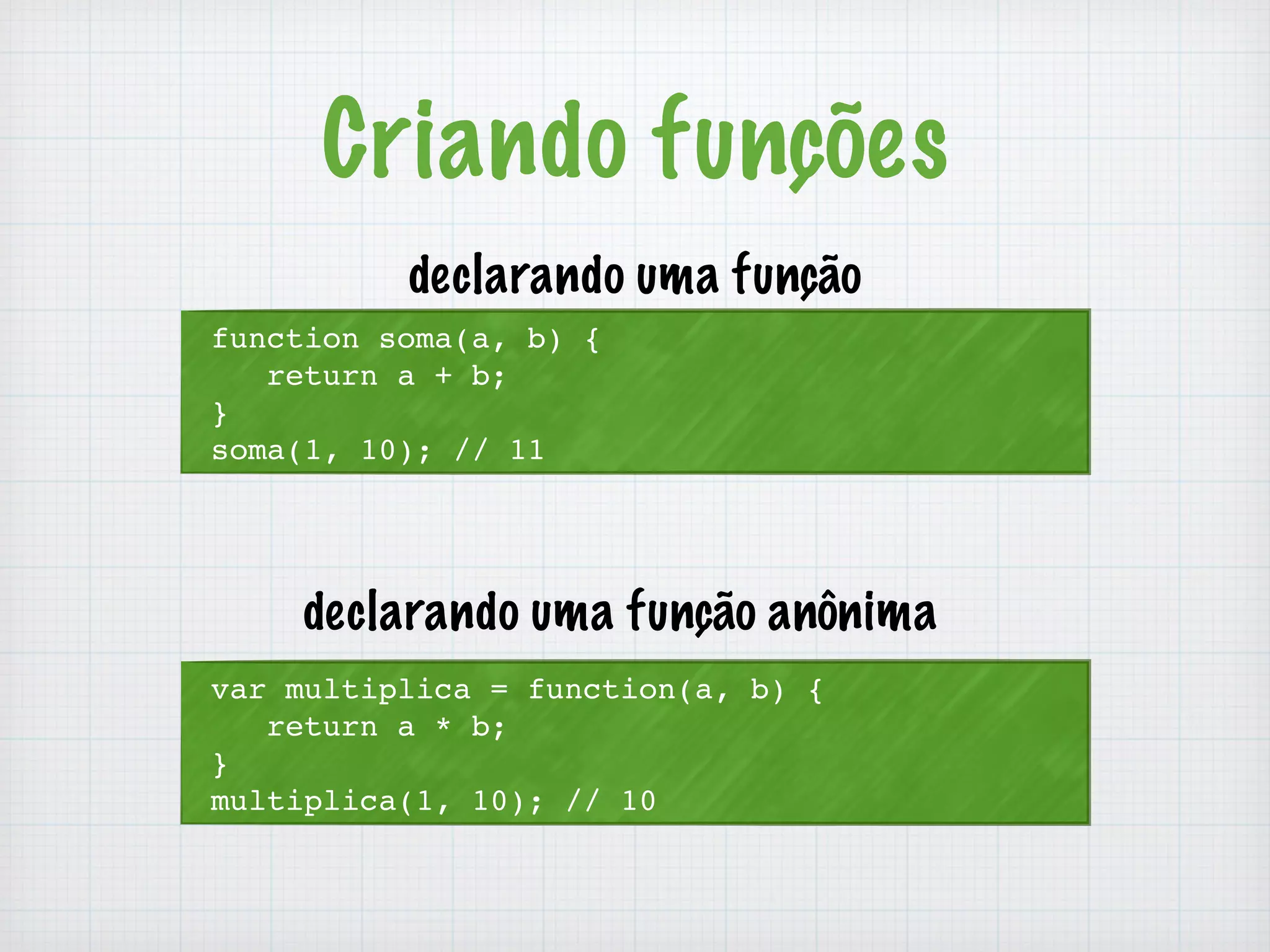 Criando funções 
declarando uma função 
function soma(a, b) { 
return a + b; 
} 
soma(1, 10); // 11 
declarando uma função anônima 
var multiplica = function(a, b) { 
return a * b; 
} 
multiplica(1, 10); // 10 
 