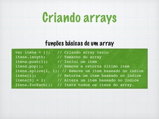 Criando arrays 
funções básicas de um array 
var itens = []; // Criando array vazio 
itens.length; // Tamanho do array 
itens.push(1); // Inclui um item 
itens.pop(); // Remove e retorna último item 
itens.splice(i, 1); // Remove um item baseado no índice 
itens[i]; // Retorna um item baseado no índice 
itens[0] = 2; // Altera um item baseado no índice 
itens.forEach(); // Itera todos os itens do array. 
 