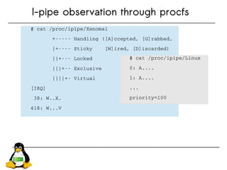 I-pipe observation through procfs
$ cat /proc/ipipe/Xenomai
       +­­­­­ Handling ([A]ccepted, [G]rabbed,
       |+­­­­ Sticky    [W]ired, [D]iscarded)
       ||+­­­ Locked
       |||+­­ Exclusive
       ||||+­ Virtual
[IRQ]
 38: W..X.
418: W...V
$ cat /proc/ipipe/Xenomai
       +­­­­­ Handling ([A]ccepted, [G]rabbed,
       |+­­­­ Sticky    [W]ired, [D]iscarded)
       ||+­­­ Locked
       |||+­­ Exclusive
       ||||+­ Virtual
[IRQ]
 38: W..X.
418: W...V
$ cat /proc/ipipe/Linux
0: A....
1: A....
...
priority=100
$ cat /proc/ipipe/Linux
0: A....
1: A....
...
priority=100
 