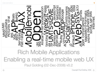 1




     Rich Mobile Applications
Enabling a real-time mobile web UX
       Paul Golding (02-Dec-2008) v0.2
                                     Copyright Paul Golding, 2008
 