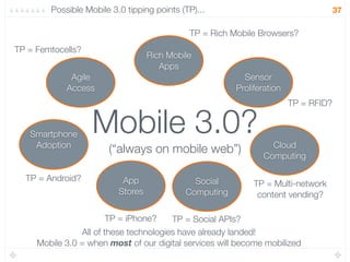 Possible Mobile 3.0 tipping points (TP)...                                   37

                                             TP = Rich Mobile Browsers?
TP = Femtocells?
                                   Rich Mobile
                                      Apps
             Agile                                        Sensor
            Access                                      Proliferation
                                                                        TP = RFID?


   Smartphone
    Adoption
                   Mobile 3.0?                                   Cloud
                       (“always on mobile web”)                Computing

  TP = Android?            App                Social         TP = Multi-network
                          Stores            Computing         content vending?

                      TP = iPhone?      TP = Social APIs?
                All of these technologies have already landed!
     Mobile 3.0 = when most of our digital services will become mobilized
 