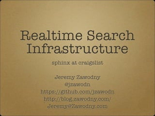 Realtime Search
Infrastructure
sphinx at craigslist
!
Jeremy Zawodny
@jzawodn
https://github.com/jzawodn
http://blog.zawodny.com/
Jeremy@Zawodny.com
 