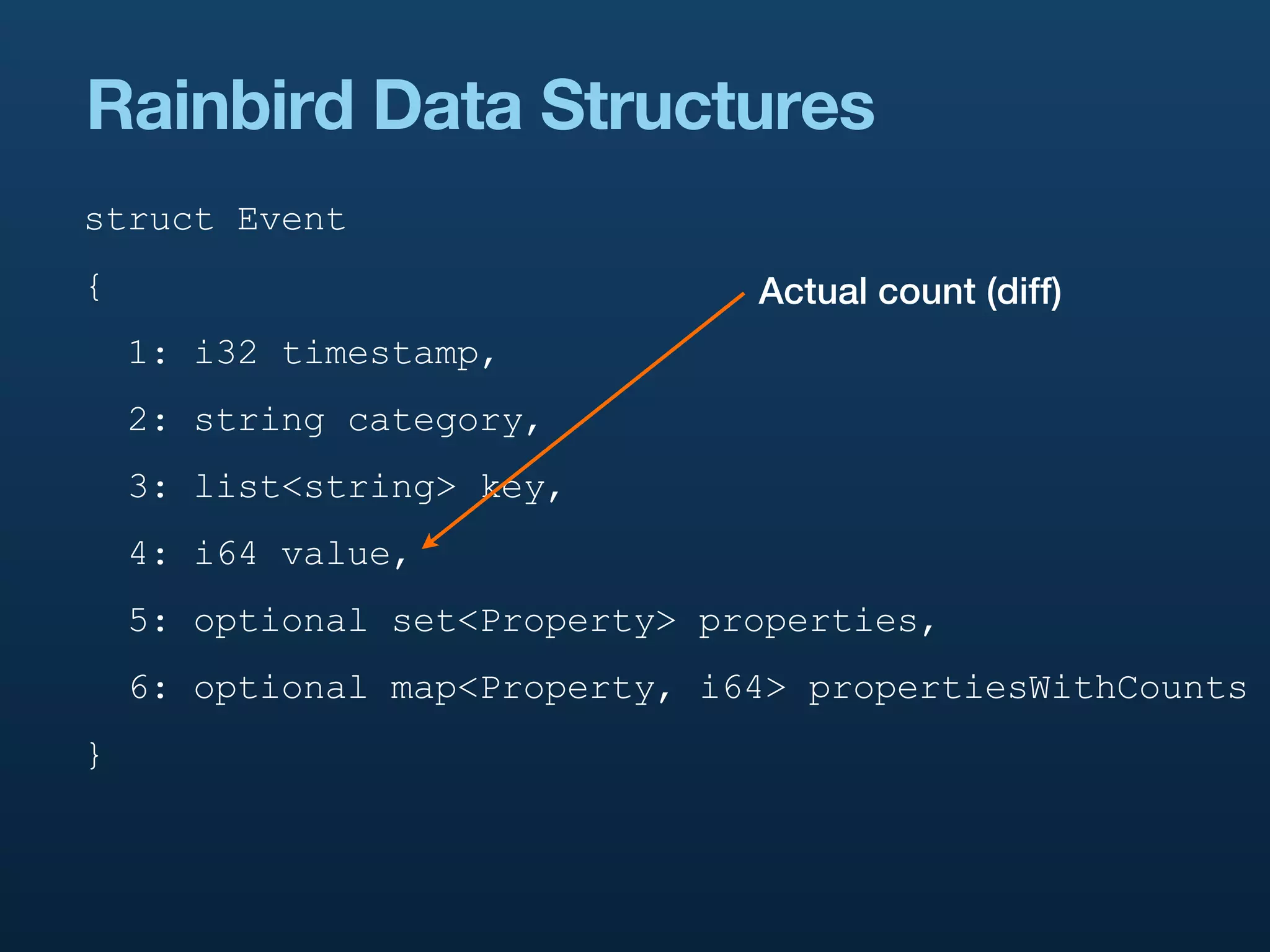 Rainbird Data Structures
struct Event
{                               Actual count (diff)
    1: i32 timestamp,
    2: string category,
    3: list<string> key,
    4: i64 value,
    5: optional set<Property> properties,
    6: optional map<Property, i64> propertiesWithCounts
}
 