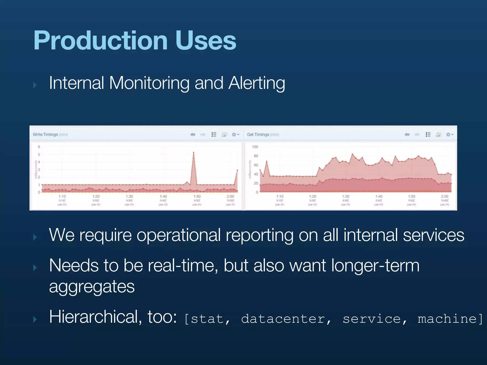 Production Uses
‣   Internal Monitoring and Alerting




‣   We require operational reporting on all internal services
‣   Needs to be real-time, but also want longer-term
    aggregates
‣   Hierarchical, too: [stat,   datacenter, service, machine]
 