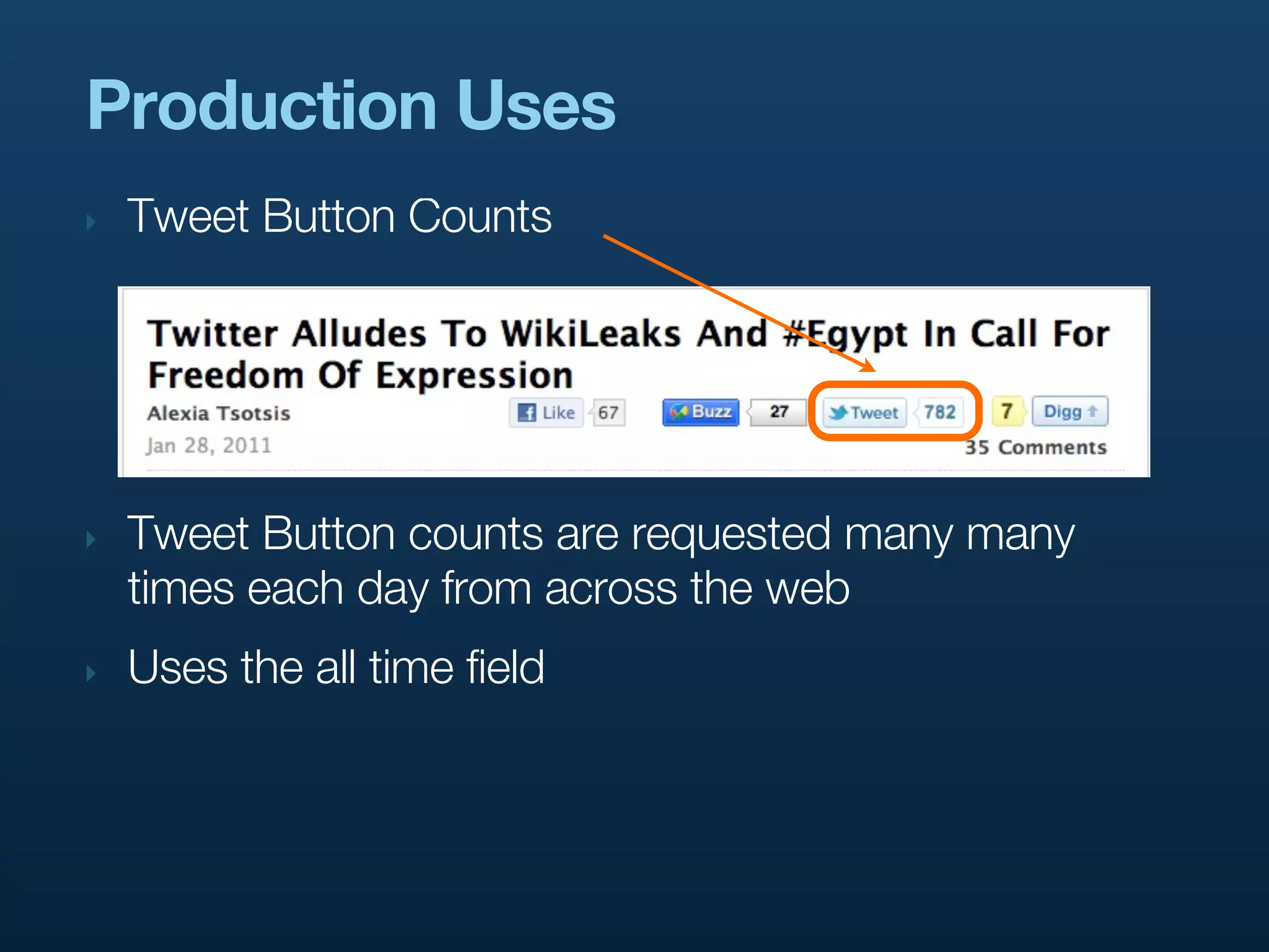 Production Uses
‣   Tweet Button Counts




‣   Tweet Button counts are requested many many
    times each day from across the web
‣   Uses the all time field
 