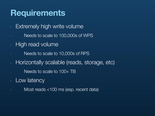 Requirements
‣   Extremely high write volume
‣      Needs to scale to 100,000s of WPS

‣   High read volume
‣      Needs to scale to 10,000s of RPS

‣   Horizontally scalable (reads, storage, etc)
‣      Needs to scale to 100+ TB

‣   Low latency
‣      Most reads <100 ms (esp. recent data)
 