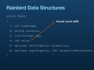 Rainbird Data Structures
struct Event
{                               Actual count (diff)
    1: i32 timestamp,
    2: str...