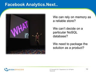 Facebook Analytics.Next.. What if.. ® Copyright 2011 Gigaspaces Ltd. All Rights Reserved  We can rely on memory as a reliable store? We can’t decide on a particular NoSQL database? We need to package the solution as a product? 