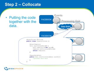 Step 2 – Collocate Putting the code together with the data. Events Processing Grid Data Grid Data Grid Data Grid FACEBOOK FACEBOOK FACEBOOK @EventDriven   @Polling public   class   SimpleListener   { @EventTemplate Data   unprocessedData ()   { Data   template   =   new   Data (); template . setProcessed ( false ); return   template ; } @SpaceDataEvent public   Data   eventListener ( Data   event )   { //process Data here } } 