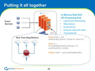 Putting it all together Analytic Application Event Sources Write  behind - In Memory Data Grid - RT Processing Grid Light Event Processing Map-reduce Event driven Execute code with data Transactional Secured Elastic NoSQL DB Low cost storage Write/Read scalability Dynamic scaling Raw Data and aggregated Data Generate Patterns Real Time Map/Reduce R Script  script = new StaticScritpt( “groovy”,”println hi; return 0”) Query  q = em.createNativeQuery( “execute ?”); q.setParamter(1, script); Integer  result = query.getSingleResult(); 