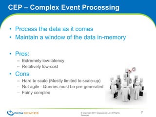 CEP – Complex Event Processing Process the data as it comes Maintain a window of the data in-memory Pros: Extremely low-latency Relatively low-cost Cons Hard to scale (Mostly limited to scale-up) Not agile - Queries must be pre-generated Fairly complex  ® Copyright 2011 Gigaspaces Ltd. All Rights Reserved  