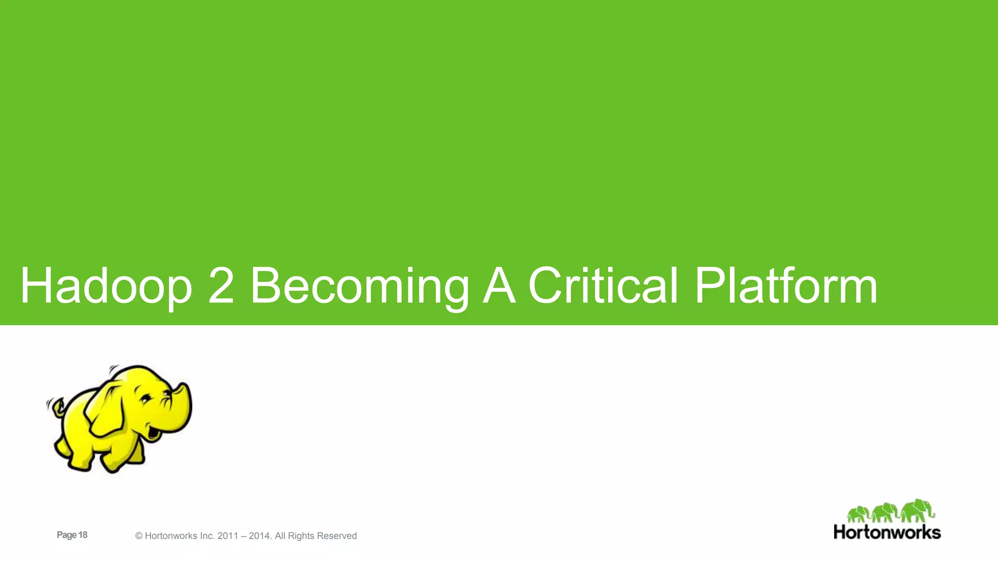 Hadoop 2 Becoming A Critical Platform 
Page 18 © Hortonworks Inc. 2011 – 2014. All Rights Reserved 
 