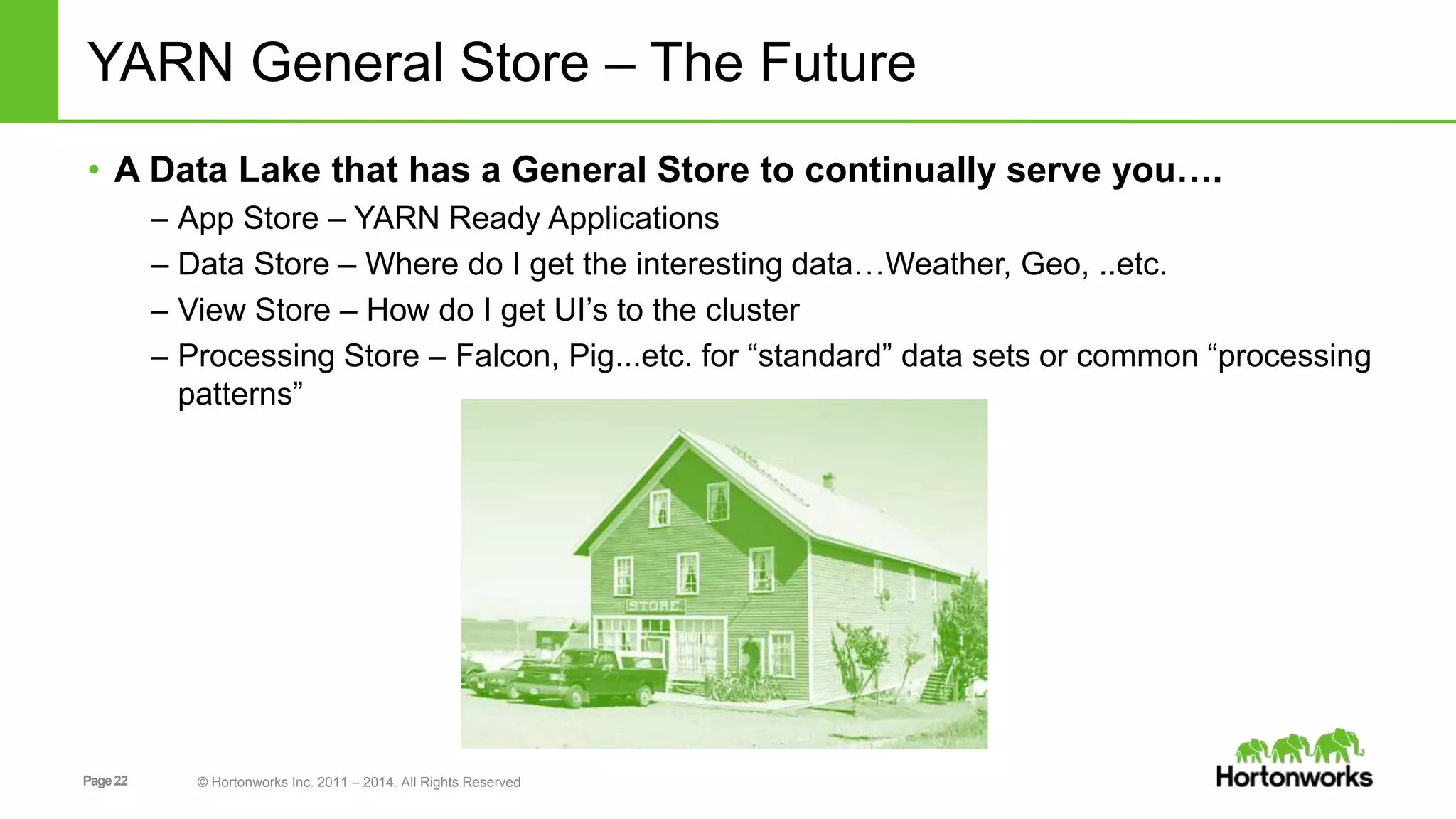 YARN General Store – The Future 
• A Data Lake that has a General Store to continually serve you…. 
– App Store – YARN Ready Applications 
– Data Store – Where do I get the interesting data…Weather, Geo, ..etc. 
– View Store – How do I get UI’s to the cluster 
– Processing Store – Falcon, Pig...etc. for “standard” data sets or common “processing 
patterns” 
Page 22 © Hortonworks Inc. 2011 – 2014. All Rights Reserved 
 