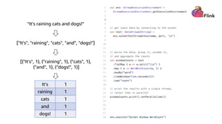 “It's raining cats and dogs!”
["It's", "raining", "cats", "and", "dogs!"]
[("It's", 1), ("raining", 1), ("cats", 1),
("and", 1), ("dogs!", 1)]
It’s 1
raining 1
cats 1
and 1
dogs! 1
 