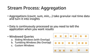 Stream Process: Aggregation
• Aggregations (count, sum, min,...) take granular real time data
and turn it into insights
• Data is continuously processed so you need to tell the
application when you want results
• Windowed Queries
a. Sliding Windows (with Overlap)
b. Tumbling Windows (No Overlap)
c. Custom Windows
 