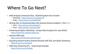 Where To Go Next?
• AWS Analytics Immersion Day - Build BI System from Scratch
• Workshop - https://tinyurl.com/yapgwv77
• Slides - https://tinyurl.com/ybxkb74b
• Writing SQL on Streaming Data with Amazon Kinesis Analytics – Part 1, 2
• Part1 - https://tinyurl.com/y8vo8q7o
• Part2 - https://tinyurl.com/ycbv7wel
• Streaming Analytics Workshop – Kinesis Data Analytics for Java (Flink)
https://streaming-analytics.labgui.de/
• Amazon MSK Labs
https://amazonmsk-labs.workshop.aws/
• Querying Amazon Kinesis Streams Directly with SQL and Spark Streaming
https://tinyurl.com/y7hklyff
• AWS Glue Streaming ETL - Scala Script Example
https://tinyurl.com/y79x6jda
 