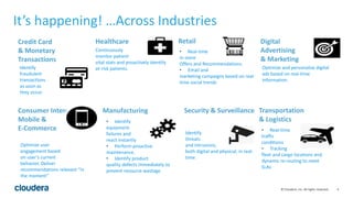 4© Cloudera, Inc. All rights reserved.
It’s happening! …Across Industries
Credit Card
& Monetary
Transactions
Identify
fraudulent
transactions
as soon as
they occur.
Transportation
& Logistics
• Real-time
traffic
conditions
• Tracking
fleet and cargo locations and
dynamic re-routing to meet
SLAs
Retail
• Real-time
in-store
Offers and Recommendations.
• Email and
marketing campaigns based on real-
time social trends
Consumer Internet,
Mobile &
E-Commerce
Optimize user
engagement based
on user’s current
behavior. Deliver
recommendations relevant “in
the moment”
Healthcare
Continuously
monitor patient
vital stats and proactively identify
at-risk patients.
Manufacturing
• Identify
equipment
failures and
react instantly
• Perform proactive
maintenance.
• Identify product
quality defects immediately to
prevent resource wastage.
Security & Surveillance
Identify
threats
and intrusions,
both digital and physical, in real-
time.
Digital
Advertising
& Marketing
Optimize and personalize digital
ads based on real-time
information.
 