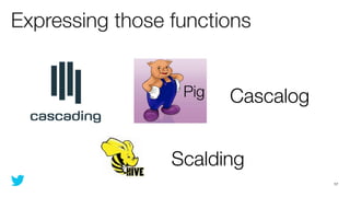 Expressing those functions


                       Cascalog


                 Scalding
                                  17
 
