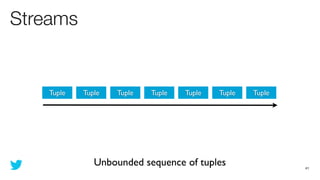 Streams


    Tuple   Tuple   Tuple   Tuple   Tuple   Tuple   Tuple




               Unbounded sequence of tuples                 41
 