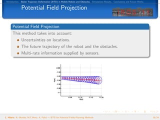 Introduction. B´zier Trajectory Deformation (BTD) in Mobile Robots and Obstacles. Simulations Results. Conclusions and Future Works.
                e


               Potential Field Projection

       Potential Field Projection
       This method takes into account:
               Uncertainties on locations.
               The future trajectory of the robot and the obstacles.
               Multi-rate information supplied by sensors.




L. Hilario, N. Mont´s, M.C.Mora, A. Falc´ — BTD for Potential Fields Planning Methods
                   e                    o                                                                                               19/24
 