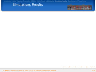 Introduction. B´zier Trajectory Deformation (BTD) in Mobile Robots and Obstacles. Simulations Results. Conclusions and Future Works.
                e


               Simulations Results




L. Hilario, N. Mont´s, M.C.Mora, A. Falc´ — BTD for Potential Fields Planning Methods
                   e                    o                                                                                               21/24
 