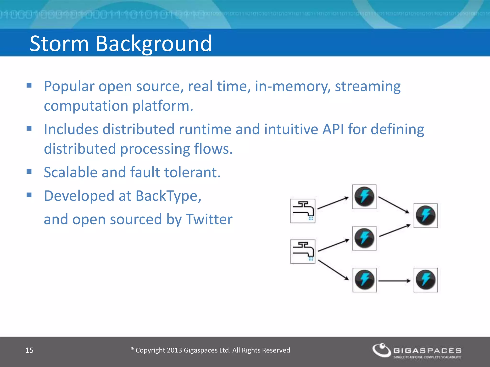  Popular open source, real time, in-memory, streaming
computation platform.
 Includes distributed runtime and intuitive API for defining
distributed processing flows.
 Scalable and fault tolerant.
 Developed at BackType,
and open sourced by Twitter
® Copyright 2013 Gigaspaces Ltd. All Rights Reserved15
Storm Background
 