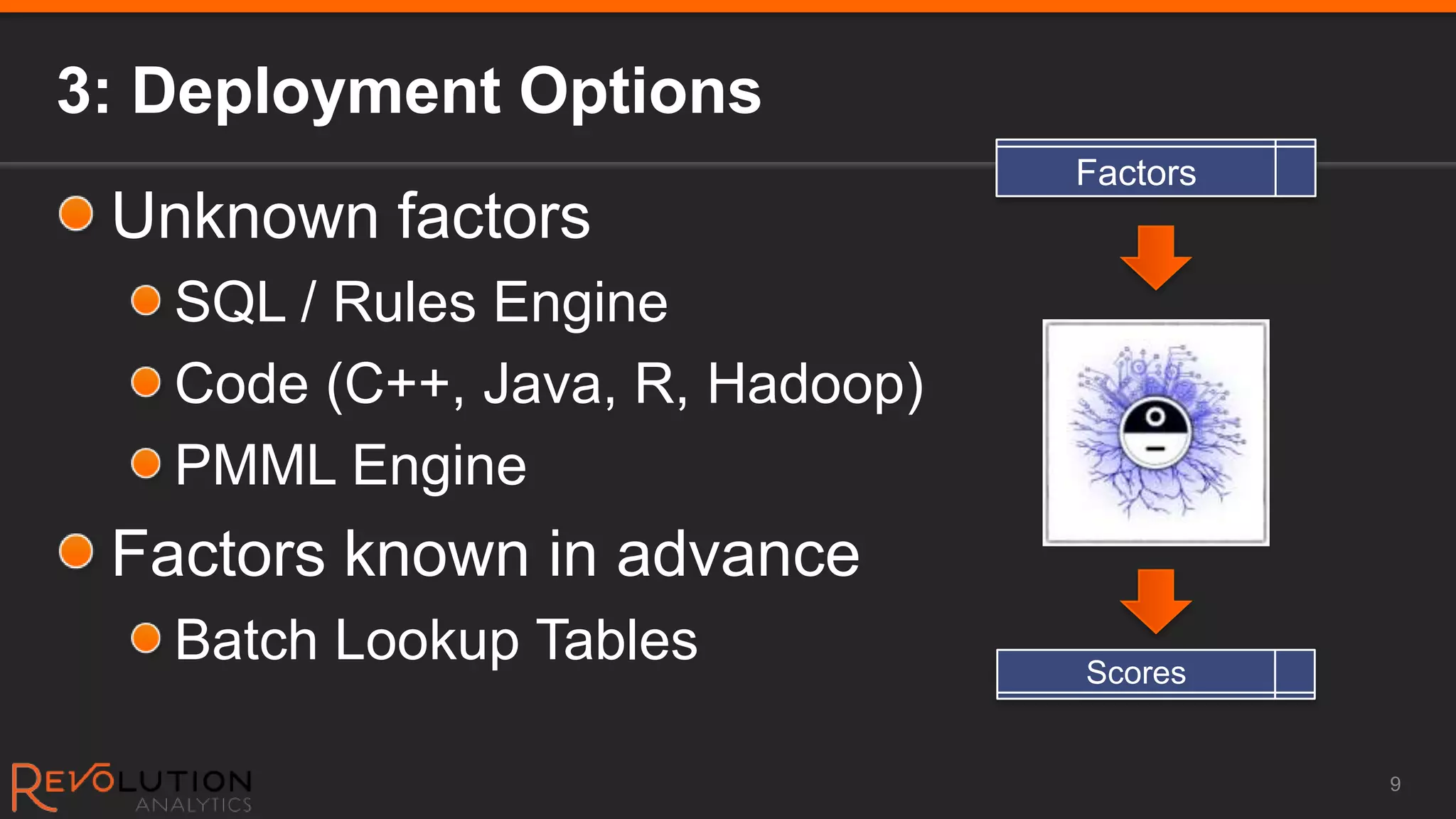 3: Deployment Options
                                 Factors
 Unknown factors
   SQL / Rules Engine
   Code (C++, Java, R, Hadoop)
   PMML Engine
 Factors known in advance
   Batch Lookup Tables           Scores


                                           9
 