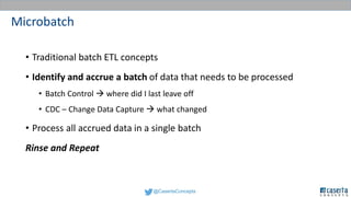 @CasertaConcepts
Microbatch
• Traditional batch ETL concepts
• Identify and accrue a batch of data that needs to be processed
• Batch Control  where did I last leave off
• CDC – Change Data Capture  what changed
• Process all accrued data in a single batch
Rinse and Repeat
 