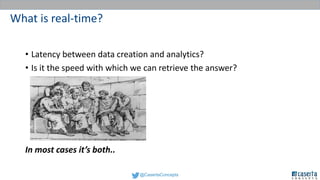 @CasertaConcepts
What is real-time?
• Latency between data creation and analytics?
• Is it the speed with which we can retrieve the answer?
In most cases it’s both..
 