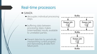 Real-time processors
 SAMZA
decouples individual processing
steps.
buffering data between
processing steps makes
(intermediate) results available
to unrelated parties.
 Prevent data loss by periodically
checkpointing current progress
and reprocessing all data from
failure point.
 