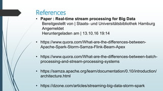 References
• https://www.quora.com/What-are-the-differences-between-
Apache-Spark-Storm-Samza-Flink-Beam-Apex
• https://www.quora.com/What-are-the-differences-between-batch-
processing-and-stream-processing-systems
• https://samza.apache.org/learn/documentation/0.10/introduction/
architecture.html
• https://dzone.com/articles/streaming-big-data-storm-spark
• Paper : Real-time stream processing for Big Data
Bereitgestellt von | Staats- und Universitätsbibliothek Hamburg
Angemeldet
Heruntergeladen am | 13.10.16 19:14
 