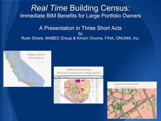 Real Time Building Census:
Immediate BIM Benefits for Large Portfolio Owners

        A Presentation in Three Short Acts
                           by
Ryan Ghere, MABEC Group & Kimon Onuma, FAIA, ONUMA, Inc.
 