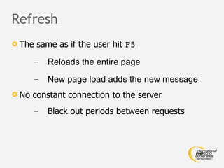 Refresh The same as if the user hit  F5 Reloads the entire page New page load adds the new message No constant connection to the server Black out periods between requests 