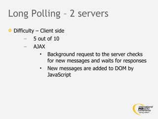 Long Polling – 2 servers Difficulty – Client side 5 out of 10 AJAX Background request to the server checks for new messages and waits for responses New messages are added to DOM by JavaScript 