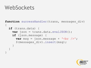 WebSockets function   successHandler (trans, messages_div) { if  (trans.data) { var  json = trans.data. evalJSON (); if  (json.message) { var  msg = json.message +  '<br />' ; $(messages_div). insert (msg); } } } 