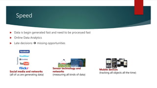Speed
 Data is begin generated fast and need to be processed fast
 Online Data Analytics
 Late decisions  missing opportunities
Social media and networks
(all of us are generating data)
Mobile devices
(tracking all objects all the time)
Sensor technology and
networks
(measuring all kinds of data)
 